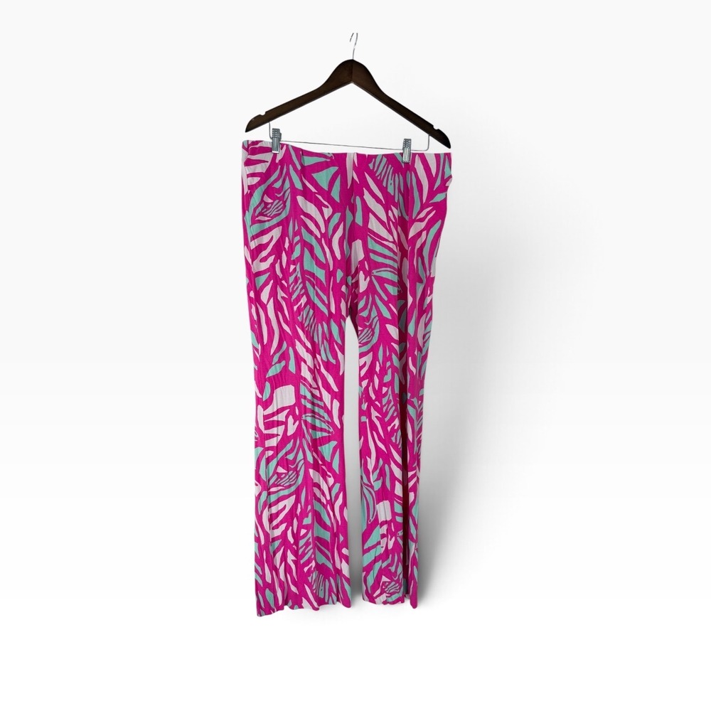 Lilly Pulitzer Pink Turquoise Tropical Leaf Print Wide Leg Knit Pants XL